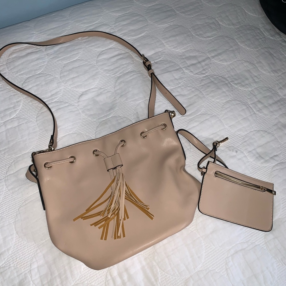 Beige faux leather bag with matching wallet